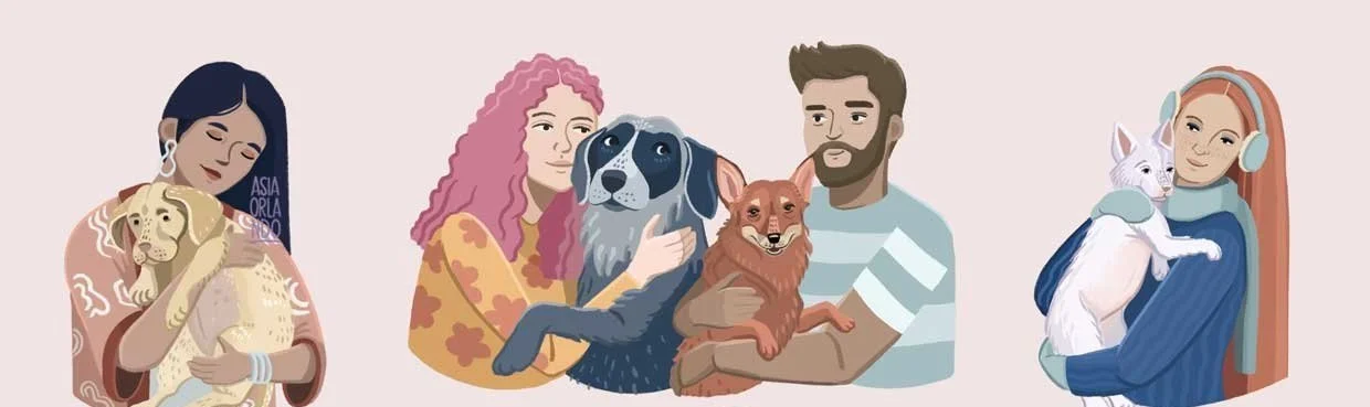 Trois femmes, chacune tenant un chien ou un chat, représentées dans un style d'illustration numérique.