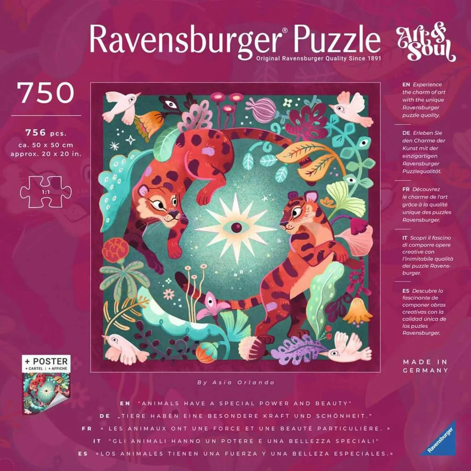 Caja de puzzle Ravensburger con ilustración de dos tigres juguetones, rodeados de flora, fauna y elementos místicos, con un símbolo central en forma de ojo.
