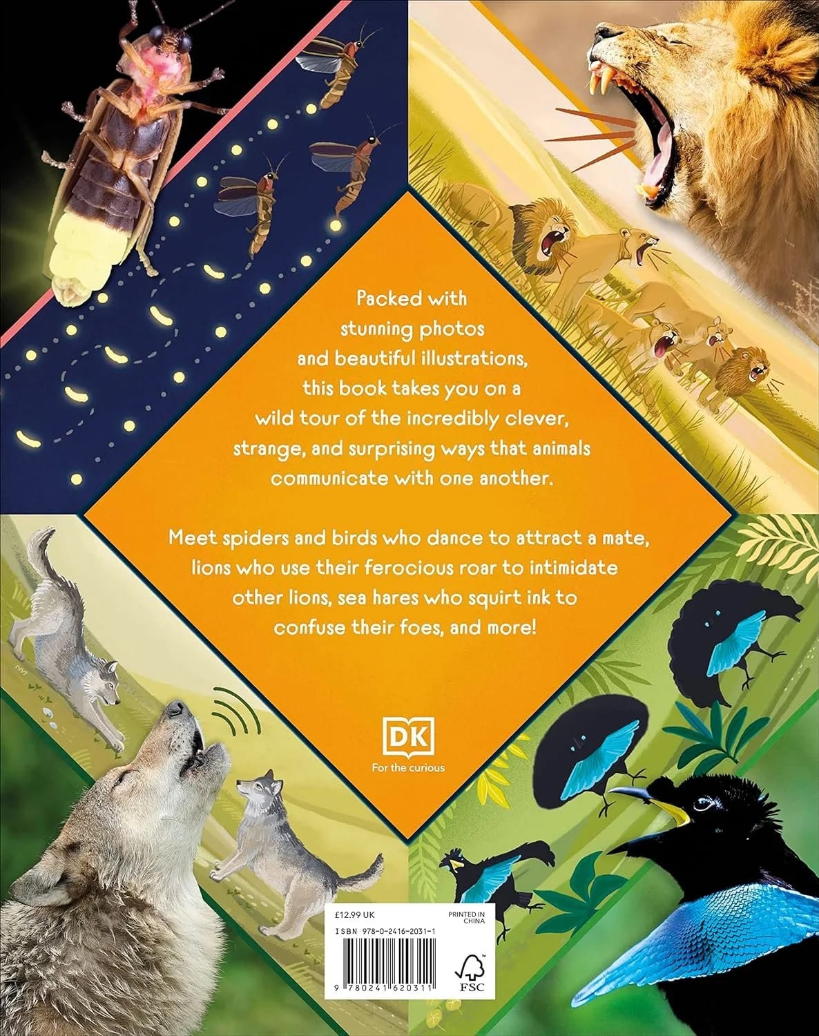 Contraportada de un libro sobre vida salvaje con fotos e ilustraciones de insectos, pájaros, leones, nutrias marinas y lobos, junto a una descripción del contenido del libro.