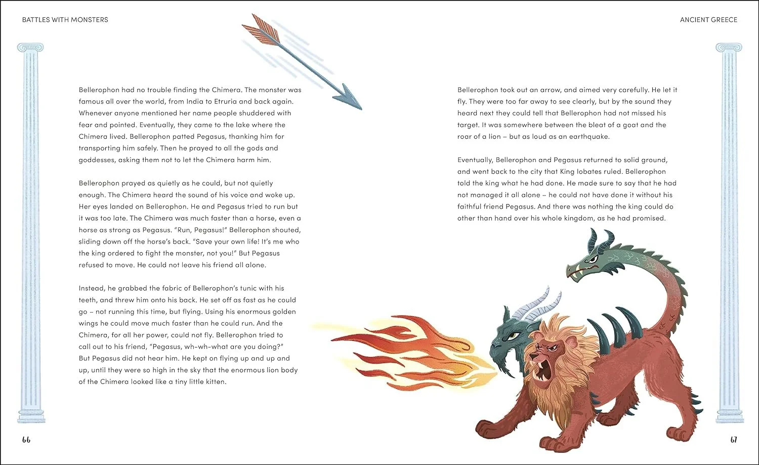 Illustration eines dreiköpfigen mythischen Wesens, das einem Löwen mit Drachenkopf ähnelt und Feuer speit, in einem Geschichtenbuch über Kämpfe mit Monstern. Das Wesen steht unter zwei Säulen im griechischen Stil, mit Text auf beiden Seiten.