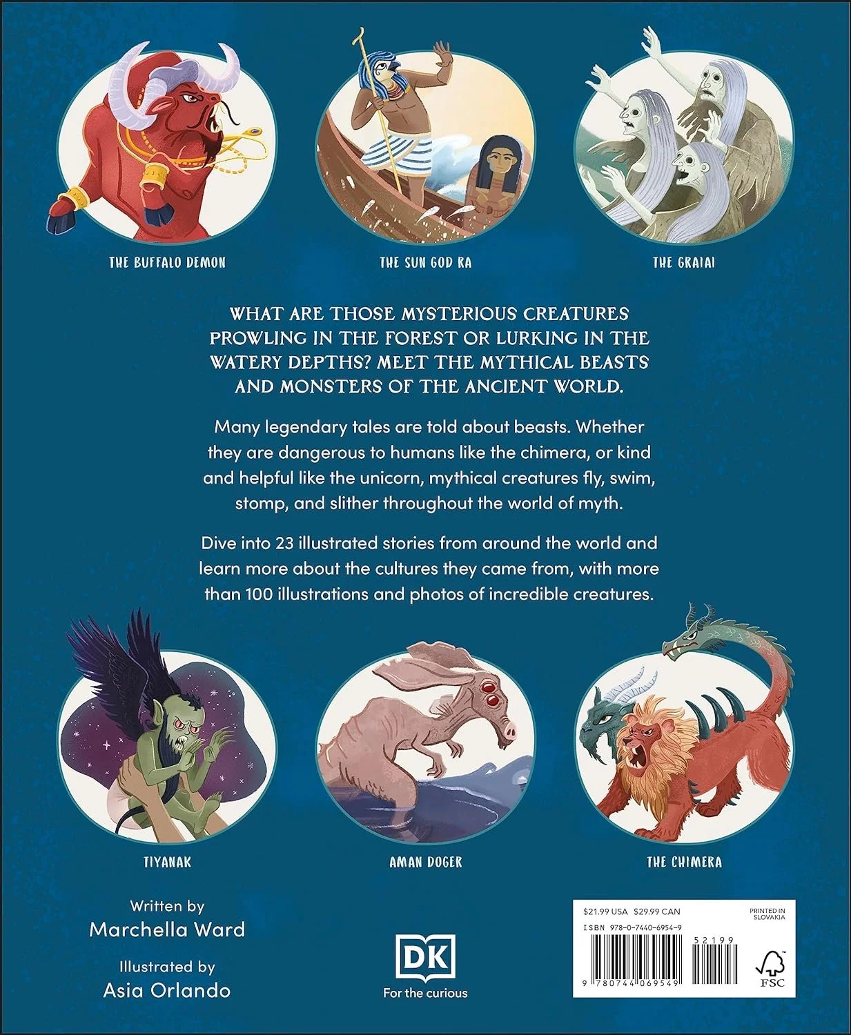 Rückseite eines Buchs über mythologische Wesen. Mit Illustrationen eines Büffeldämons, des Sonnengotts Ra, von Gremlins, Tiyanak, Aman Doger und Chimäre. Der Text beschreibt mythologische Wesen aus aller Welt.