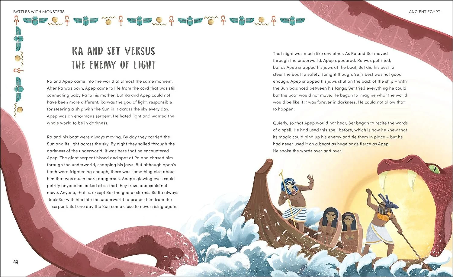 Illustration aus einer ägyptischen Mythos-Geschichte: Ra und Seth in einem Boot mit zwei weiteren Figuren, die einer großen Schlange mit Krokodilkopf in unruhigem Wasser gegenüberstehen, im Hintergrund ein riesiger Krokodilkopf.