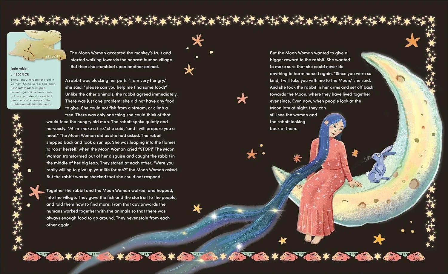 Illustration einer Frau mit langen blauen Haaren und rosa Kleid, die auf einer Mondsichel sitzt, mit einem kleinen Hasen neben sich. Ein Sternenhimmel-Hintergrund mit dekorativen Bordüren.