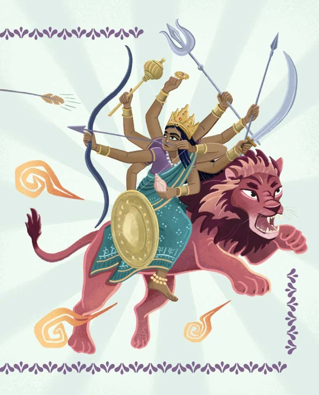 Eine mehrarmige Göttin auf einem rosa Löwen, mit Waffen, Krone und Goldschmuck, in einer stilisierten, von der hinduistischen Mythologie inspirierten Illustration.