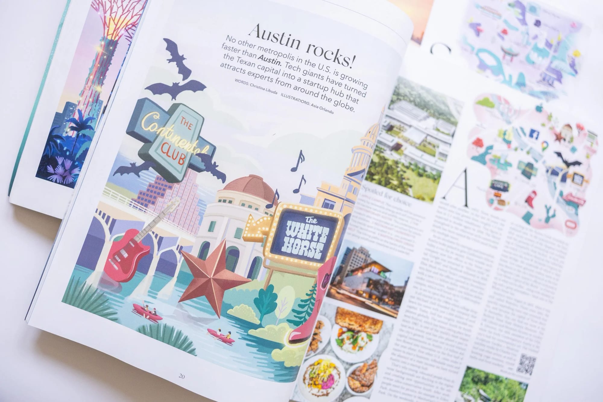 Magazin aufgeschlagen auf einem Artikel über Austin, mit illustrierten Wahrzeichen und Symbolen wie Fledermaussilhouetten, einer Gitarre, einer Leuchtreklame mit 'The Whitney Horse' und dem Capitol-Gebäude.