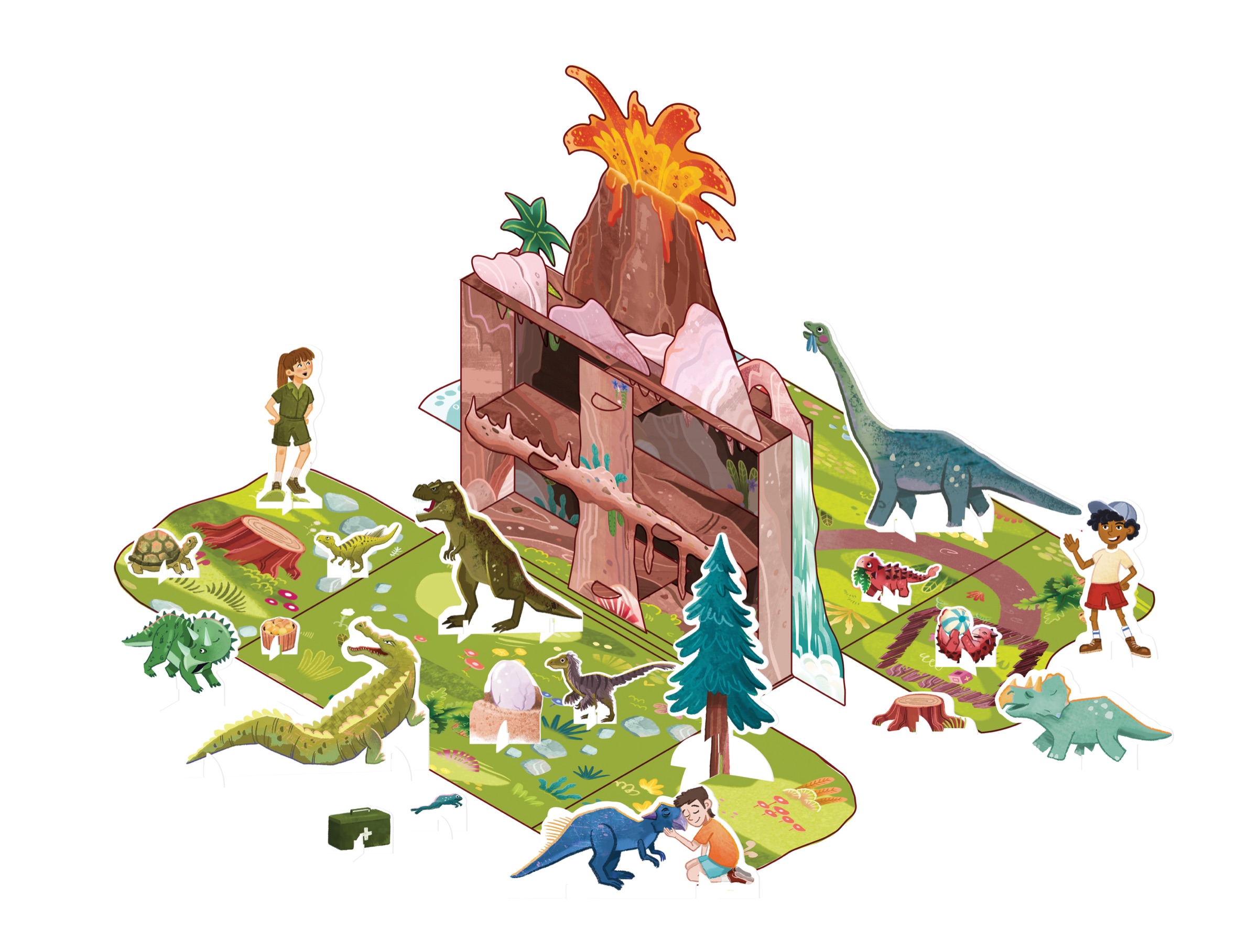 Dinosaur Park 3D Model Book, the box unfolded to reveal the illustrated park ready to be built with pop-out models.