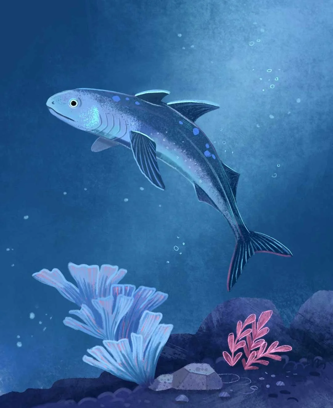 Animierte Illustration eines Fisches, der unter Wasser in der Nähe von Korallen und Felsen schwimmt.