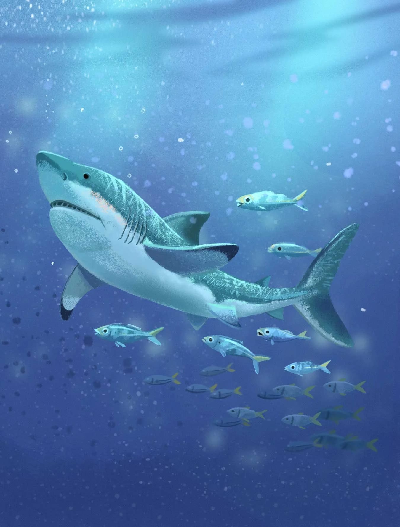 Digitale Illustration eines großen Hais, der mit kleineren Fischen im Ozean schwimmt, von blauem Licht von oben beleuchtet.