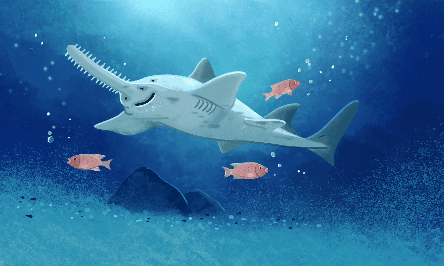 Eine Cartoon-Illustration eines Narwals im Ozean, umgeben von drei rosa Fischen, mit einer felsigen Unterwasserlandschaft im Hintergrund.