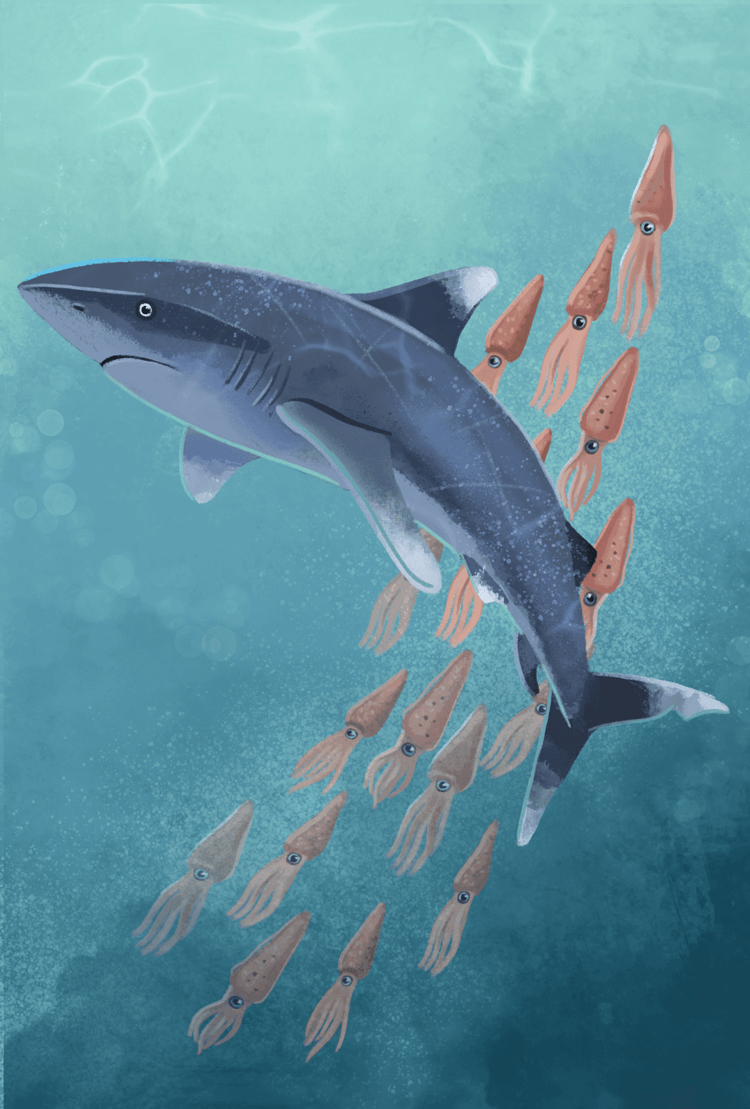 Illustration eines großen Hais, der mit mehreren Tintenfischen im Ozean schwimmt.