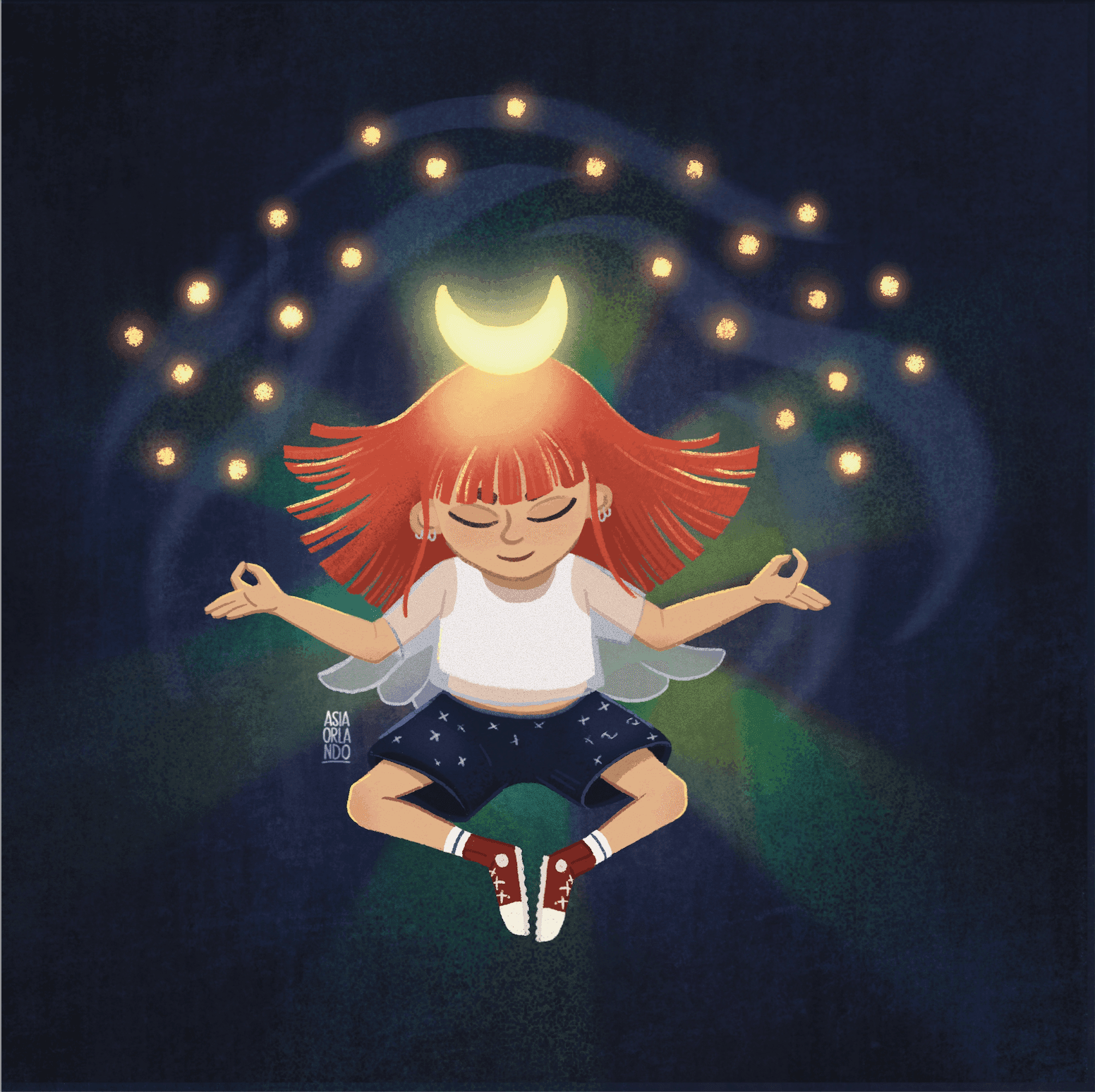 Una niña pelirroja flotando en un espacio oscuro rodeada por una luna creciente brillante y estrellas.
