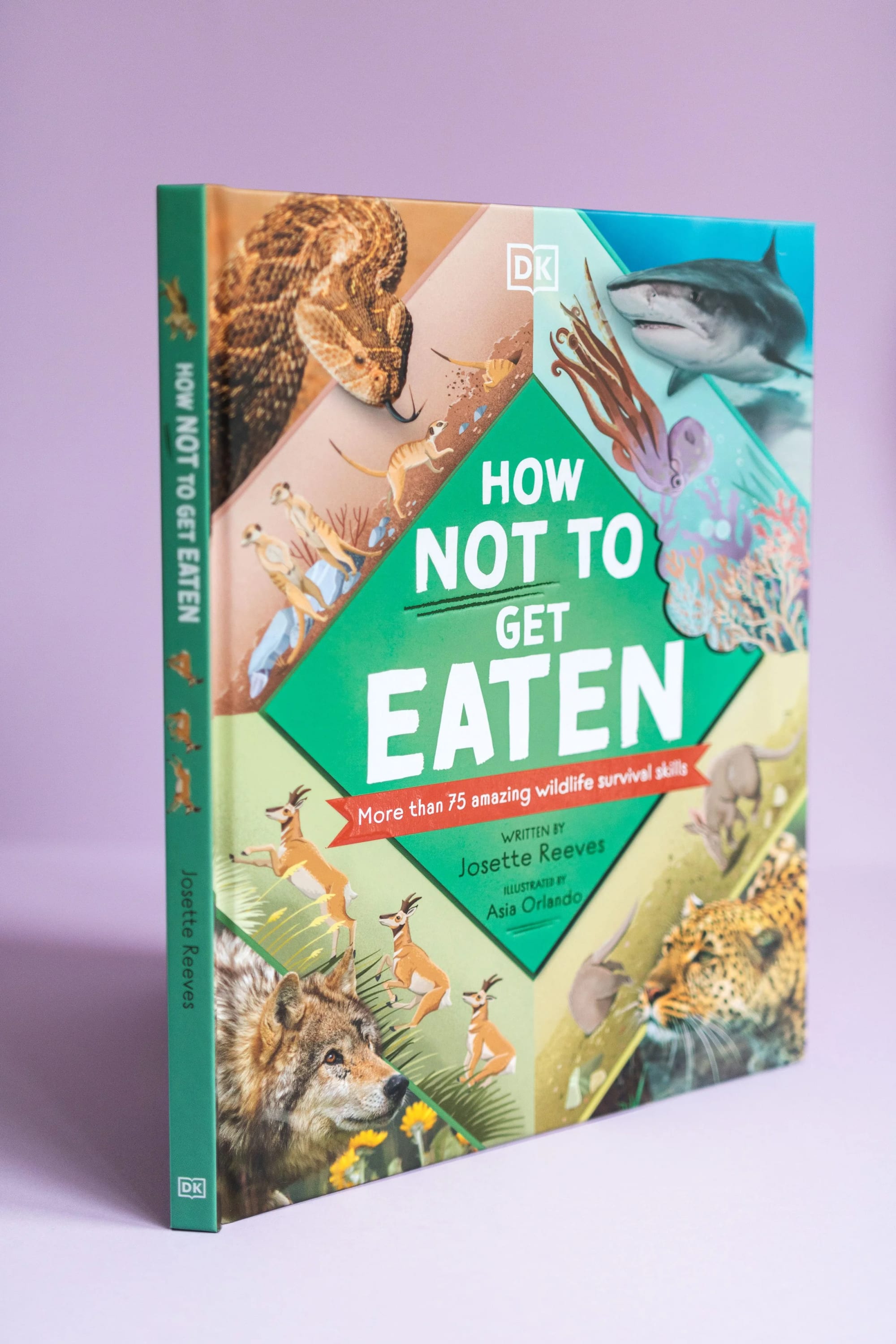 Kinderbuch mit dem Titel 'How Not to Get Eaten' mit Illustrationen verschiedener Wildtiere wie Schlange, Löwe, Wal, Oktopus, Elefant und Gepard.