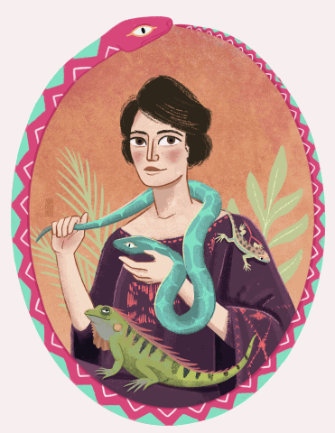 Animierte Illustration einer Frau, die ein Smartphone hält, während sich eine grüne Schlange und zwei kleine Echsen um ihre Arme winden, vor einem rosa-türkis gemusterten ovalen Hintergrund mit einer rosa Schlange oben.