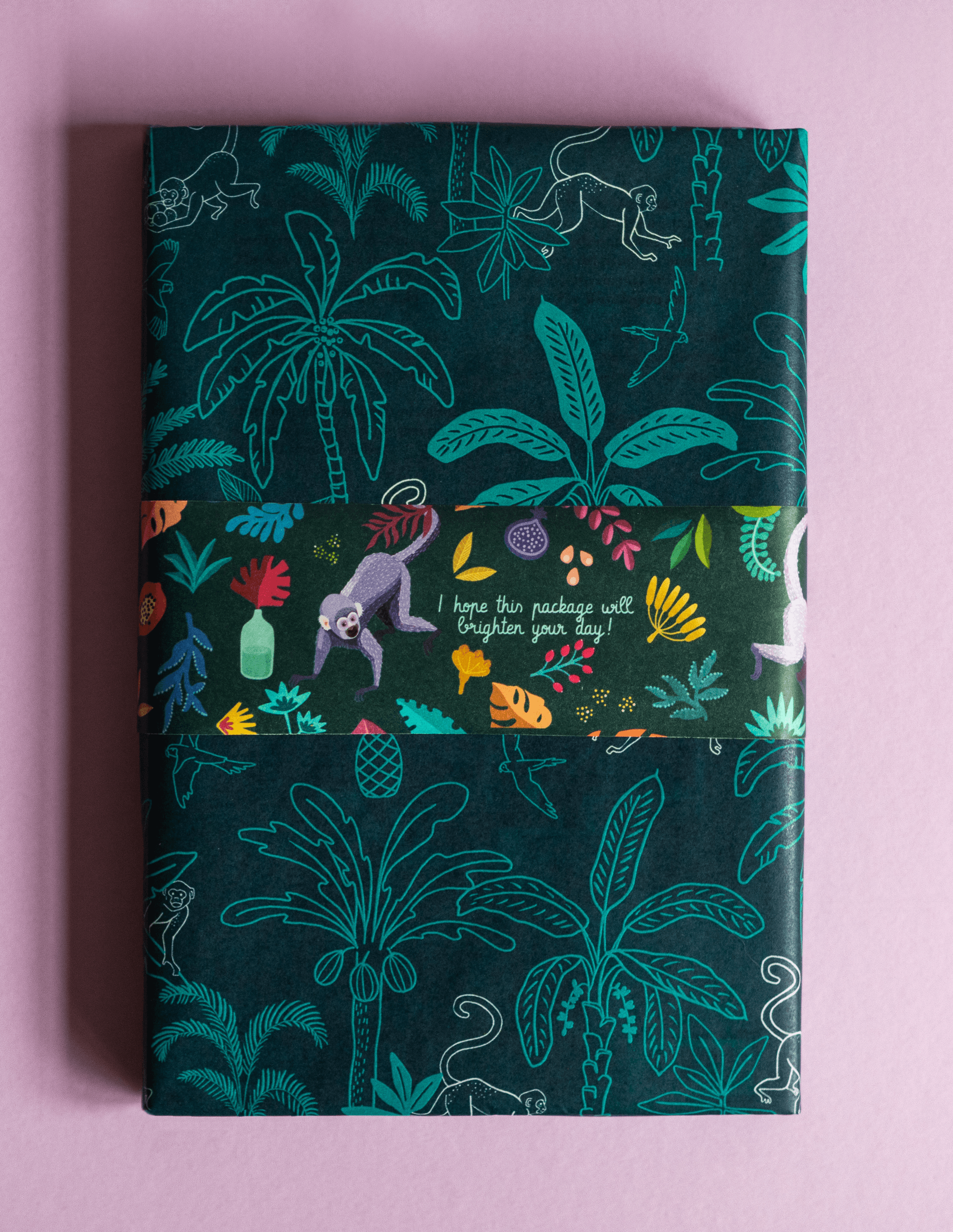Animales tropicales, mono, plantas y detalle del patrón.