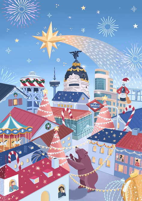 Madrid Navidad poster proposal, blue night with bear concept.
