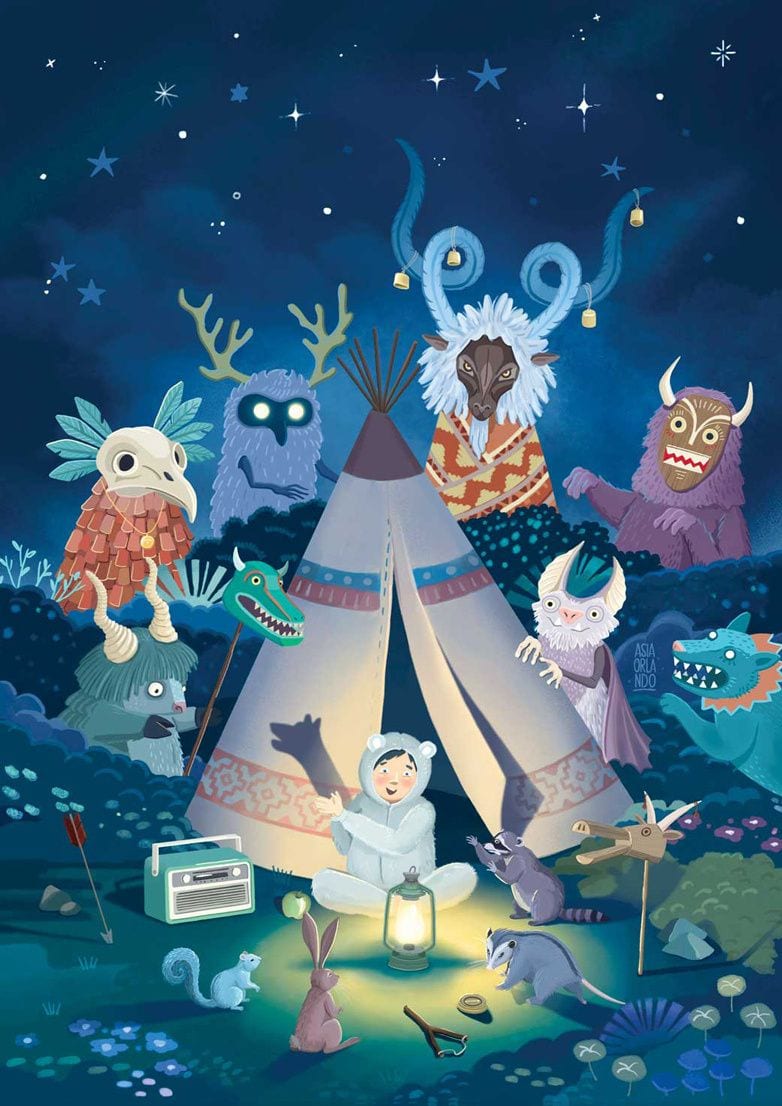 Nighttime Tales, un petit aventurier assis dans un tipi lumineux fait un théâtre d'ombres pour les animaux de la forêt tandis que des créatures fantastiques se rassemblent sous un ciel étoilé.