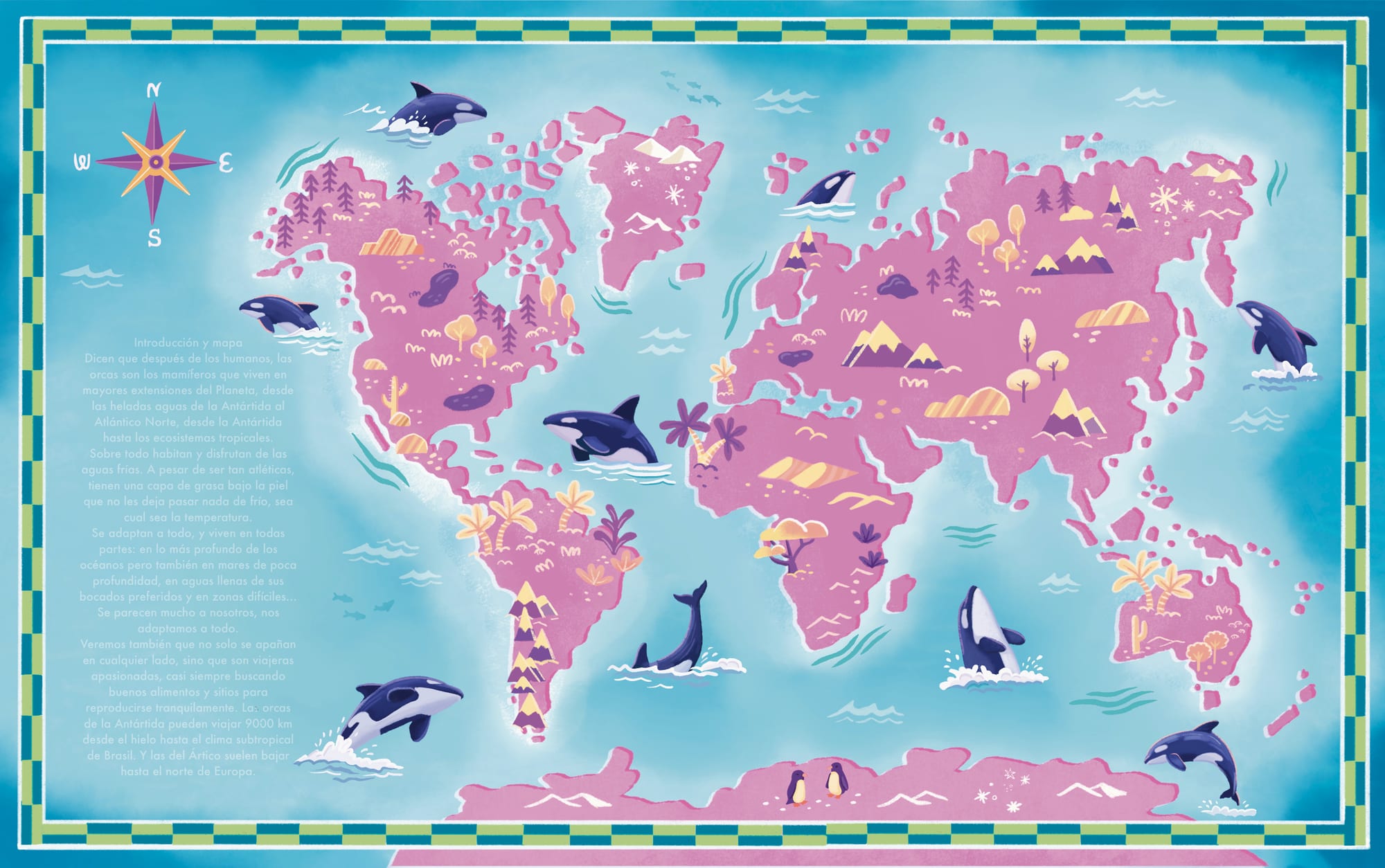 Weltkarten-Doppelseite, die die Lebensräume der Orcas von den Polen bis zu den Tropen zeigt.