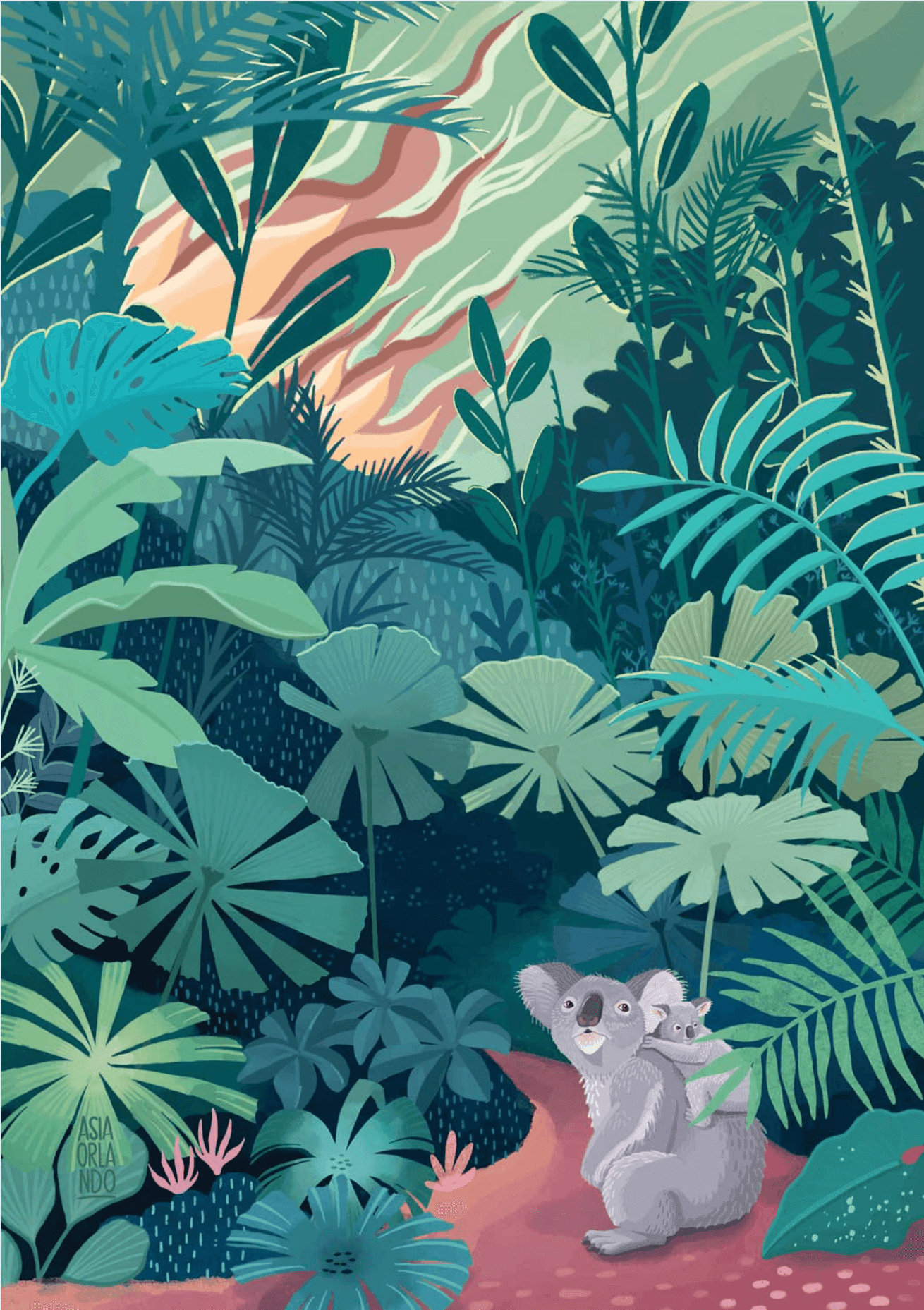 Ilustración de una exuberante escena de jungla con densas plantas tropicales verdes y un sendero serpenteante. En primer plano, una koala con su cría a la espalda sentada en el sendero.
