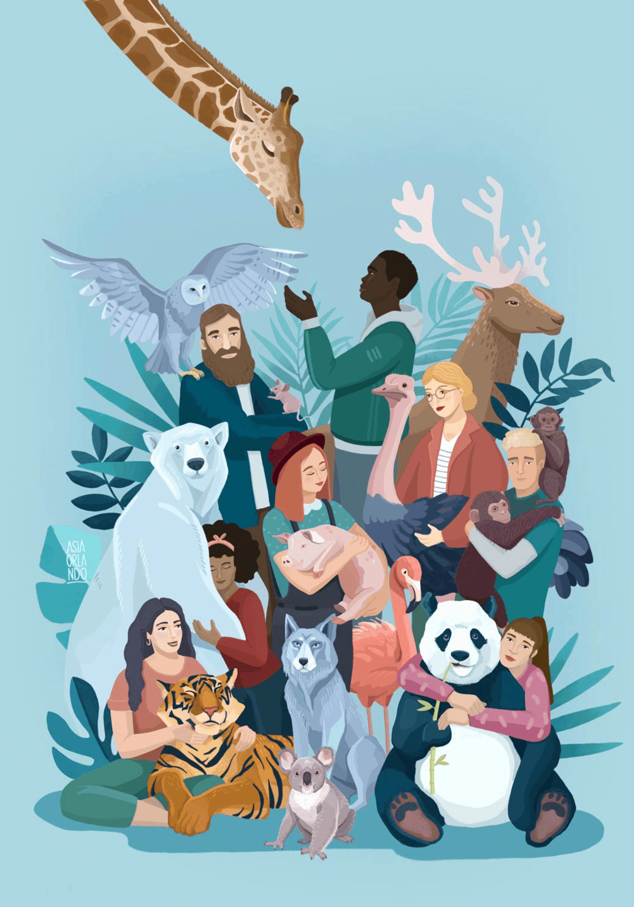 Ilustración de personas diversas rodeadas de varios animales, incluyendo jirafa, búho, oso polar, tigre, lobo, panda y más, sobre un fondo azul claro.