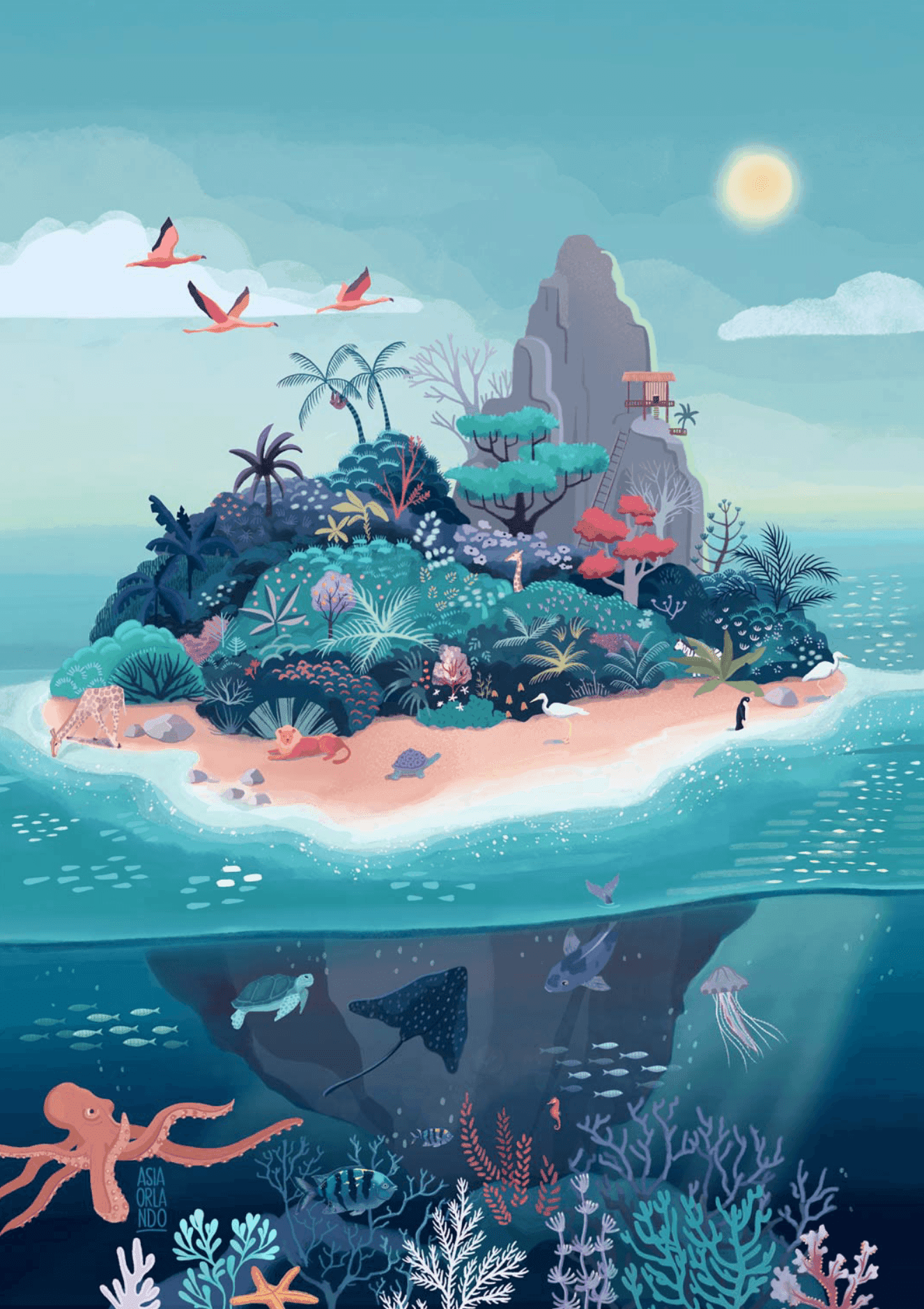 Una isla tropical ilustrada con vegetación exuberante, animales, aves volando en el cielo y vida marina con una tortuga, una mantarraya, un pulpo y peces bajo el agua.