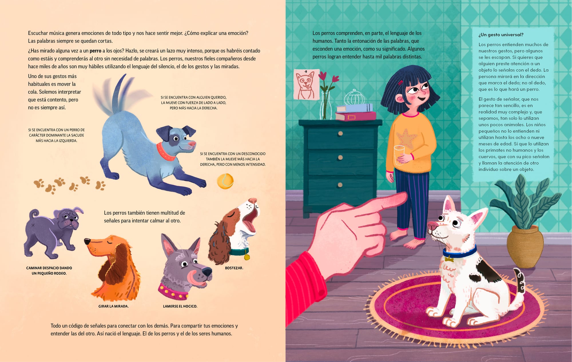 Plantas que Hablan, Doppelseite zur Körpersprache von Hunden, illustriert von Asia Orlando für Editorial Flamboyant.