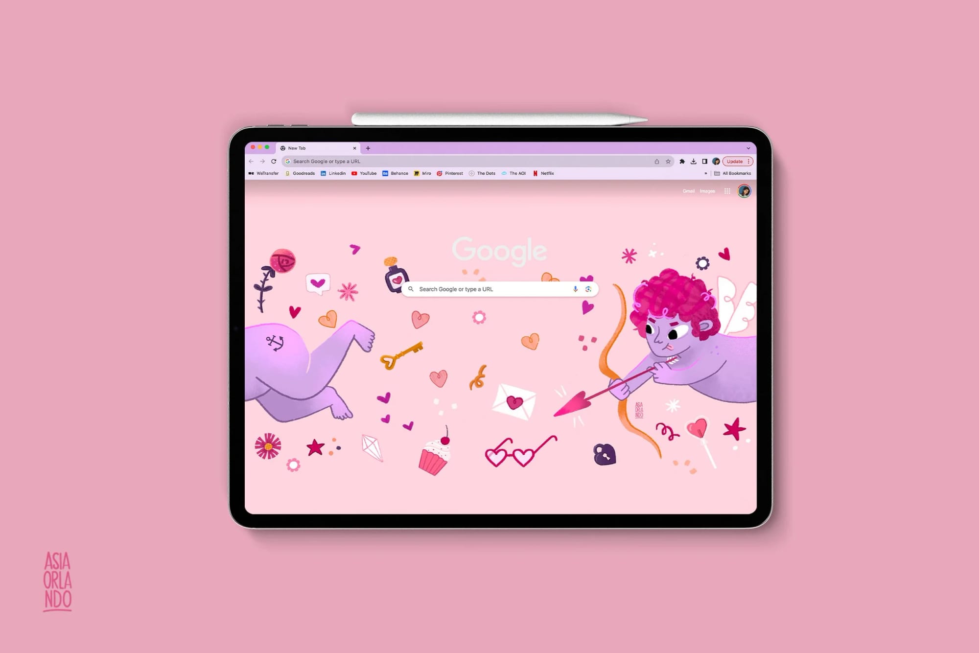 Ein Tablet mit rosafarbenem Hintergrund, das eine verspielte, illustrierte Szene mit Cupid und einem geflügelten Tier zeigt, umgeben von Liebes-Symbolen wie Herzen, Schlüsseln und Pfeilen, mit einer Suchleiste in der Mitte.