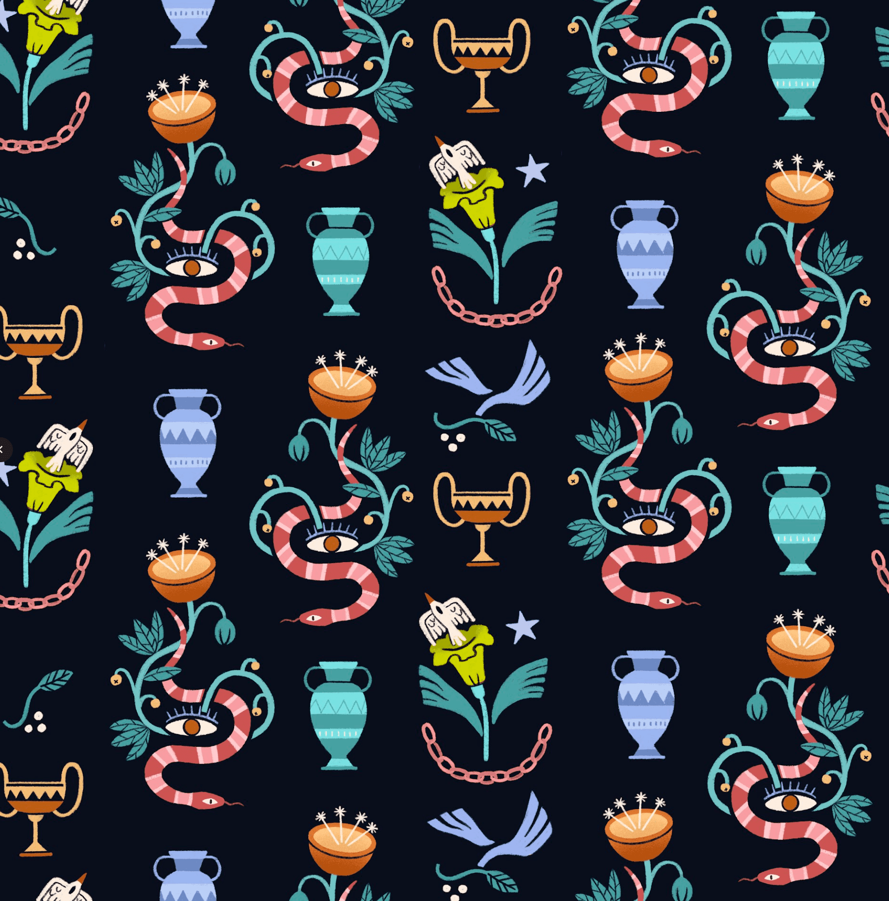 Muster mit Schlangen, verschlungen mit Augen, Blumen, Vasen, Schalen mit Nadeln, Handgesten und Trophäen auf dunklem Hintergrund.
