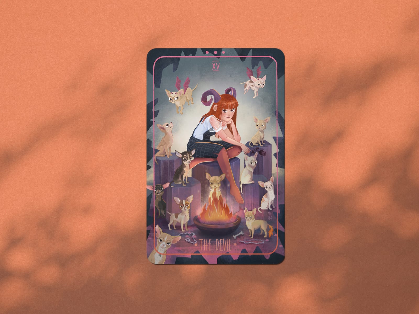 Tarotkarte der Großen Arkana, illustriert von Asia Orlando, mit einem Mädchen und Chihuahuas in einer verspielten Tierszene.
