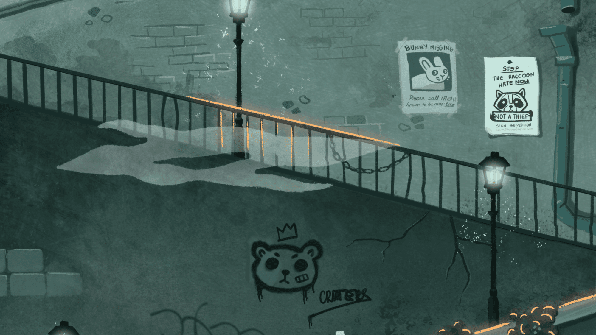 Escena urbana oscura de noche con una acera, una farola, un grafiti de la cara de un oso con una corona y la palabra 'CRITTER', y carteles en la pared, incluyendo el aviso de un conejito desaparecido y un cartel sobre los mapaches.