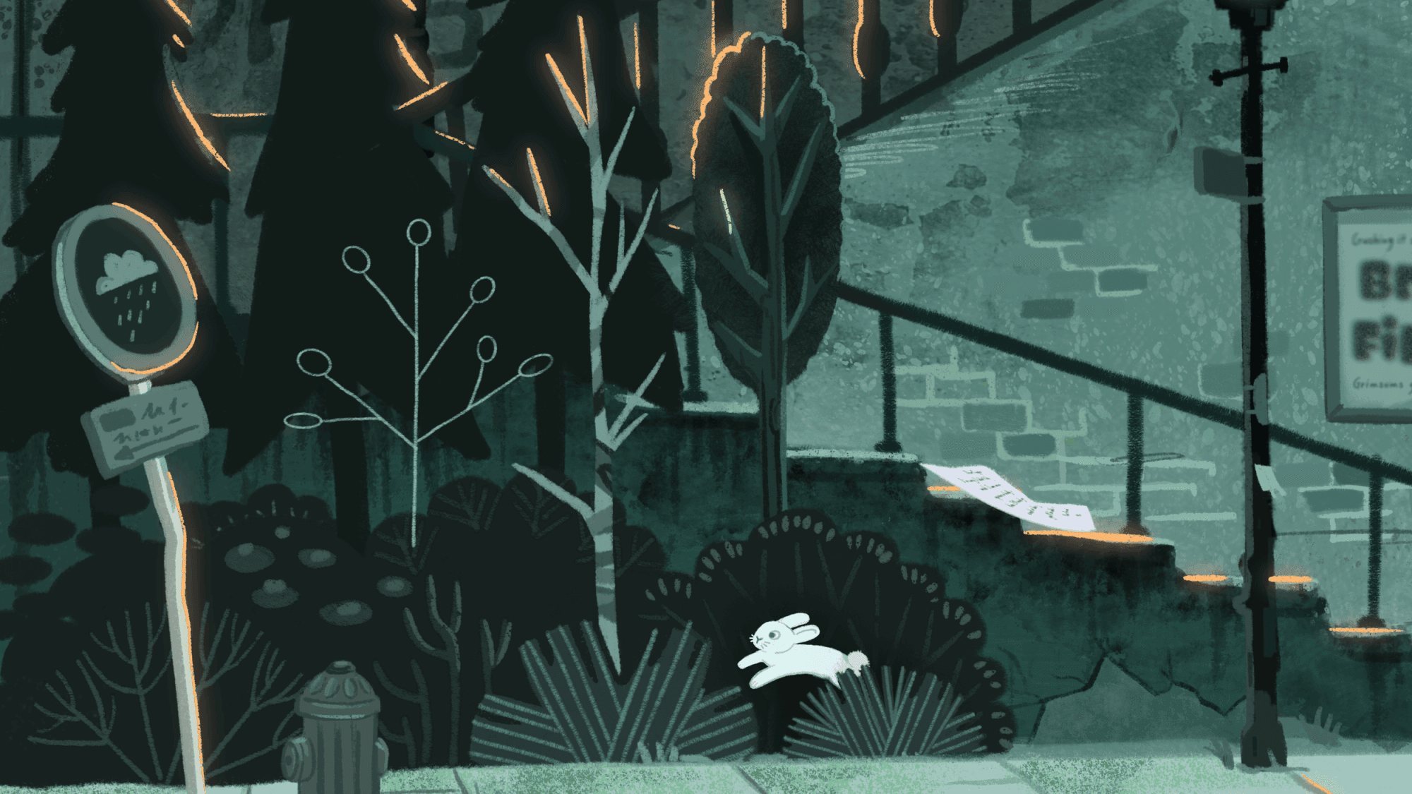 Ilustración estilizada de una escena urbana lluviosa de noche con un conejito sentado sobre los arbustos en primer plano, un pluviómetro, un hidrante, árboles, una farola, una acera, una calle con señales y una escalera con barandilla.