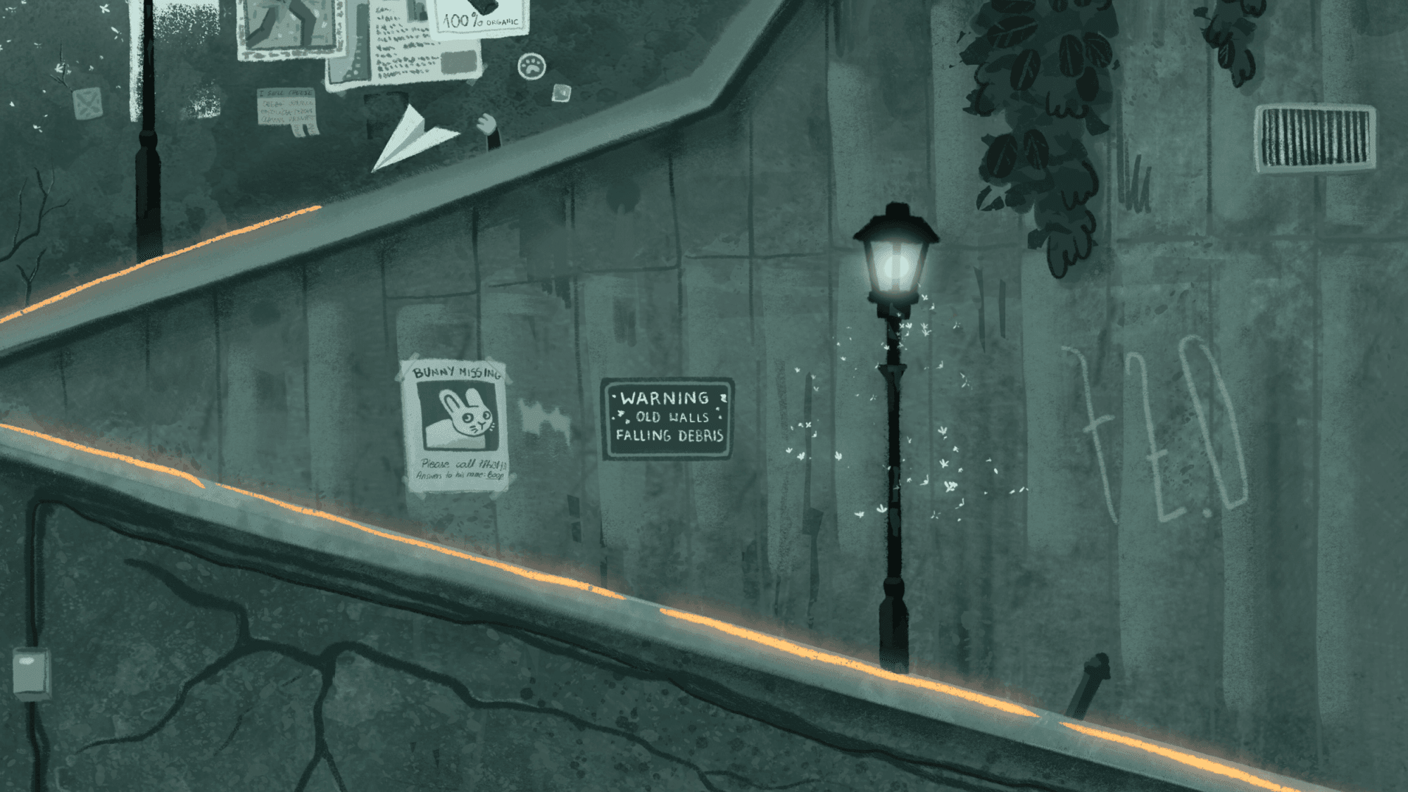 Escena urbana con poca luz que muestra una calle agrietada con grafitis, una farola y una pared con carteles y señales, incluyendo uno que advierte de la caída de escombros y otro sobre un conejito desaparecido.