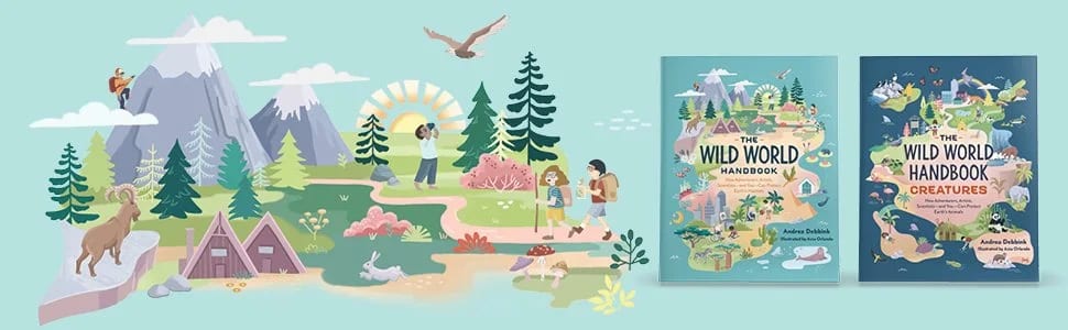Illustration einer Berglandschaft mit Bäumen, Tieren, Wanderern und einem Zelt, mit zwei Buchcovern mit den Titeln 'The Wild World Handbook' und 'The Wild World Handbook Creatures' von Andrea Debbink.
