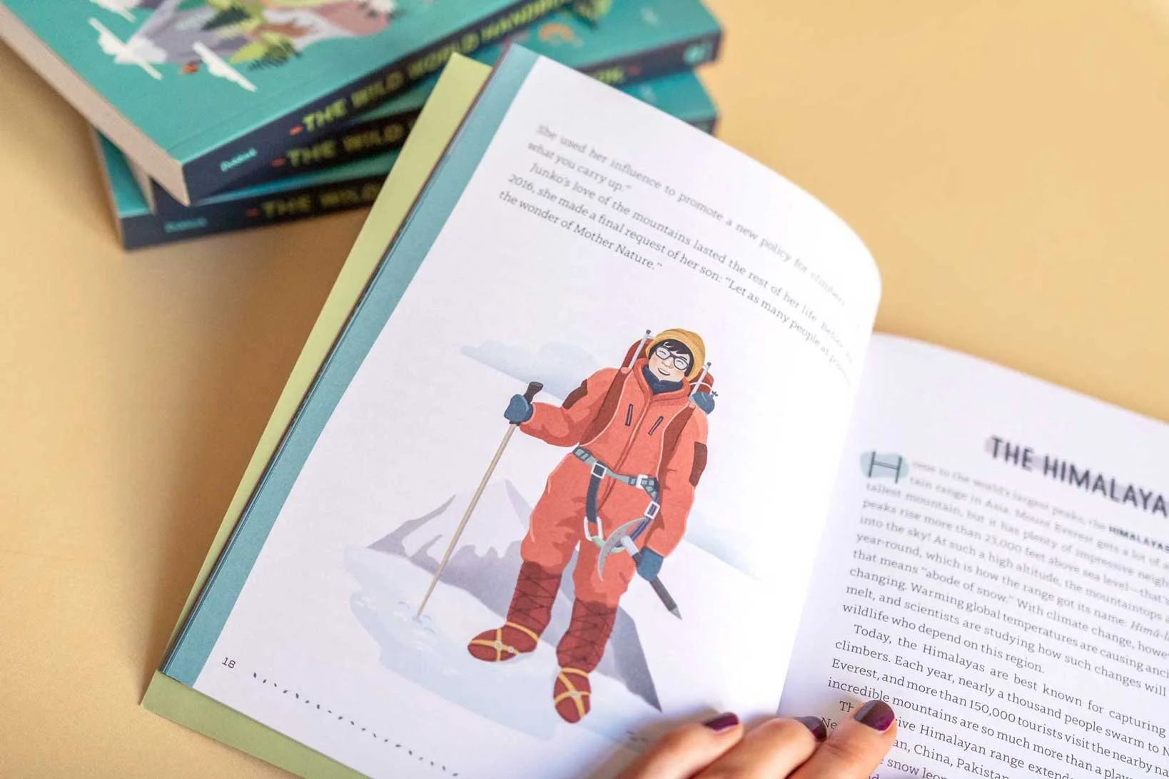Aufgeschlagenes Buch mit einer Illustration einer Person in orangefarbener Bergsteigerausrüstung, die im Schnee steht, mit Bergen im Hintergrund, einen Trekkingstock haltend, mit Handschuhen, Brille und Steigeisen.