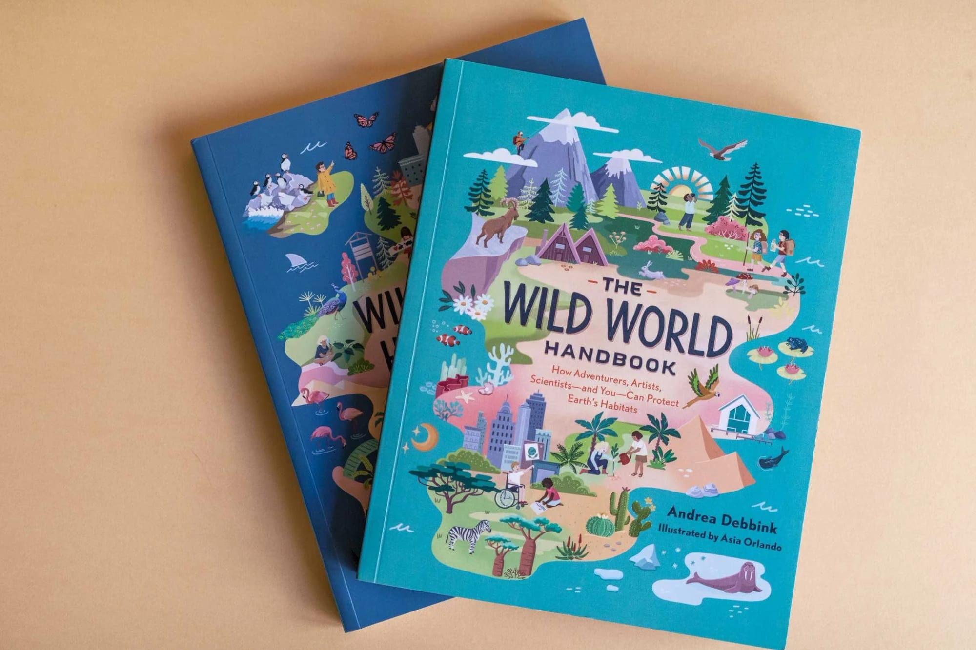 Illustrierte Kinderbücher mit dem Titel "The Wild World Handbook" von Andrea Debbink, mit farbenfrohen Natur- und Outdoor-Szenen auf den Covern.