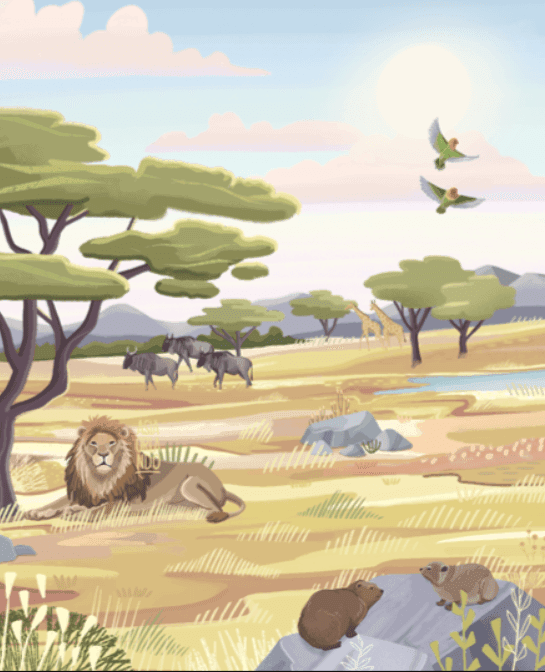 Illustration einer afrikanischen Savannenlandschaft mit einem Löwen, der im Gras ruht, Elefanten, die in der Nähe laufen, Giraffen in der Ferne und zwei Vögeln, die am Himmel fliegen.