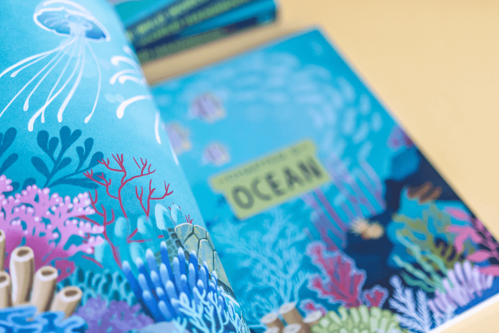 Ein farbenfrohes Kinderbuch über den Ozean mit Illustrationen von Korallen, Fischen und Unterwasserszenen.