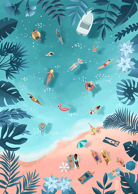 Illustration d’une plage tropicale avec des personnes qui nagent, prennent le soleil et se détendent sur le sable, entourées d’un feuillage tropical luxuriant.