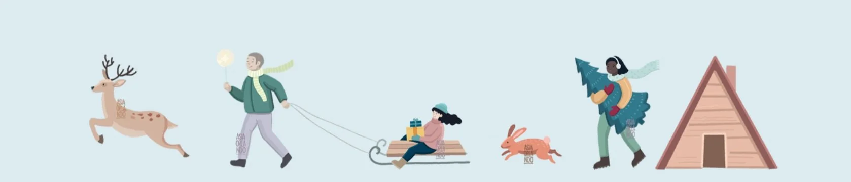 Illustration einer Weihnachtsszene mit einem Rentier, einer Person, die einen Schlitten mit einem Mädchen zieht, einem Hasen, einem Mädchen, das eine Kiefer und ein Geschenk hält, und einem kleinen Zelt.