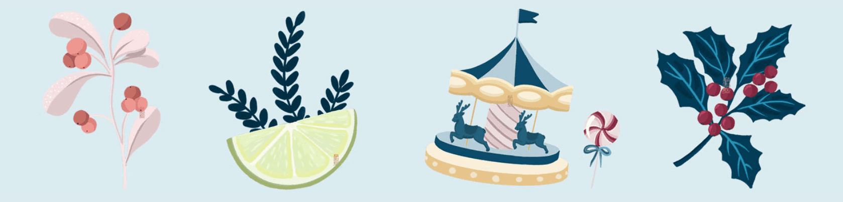 Illustration weihnachtlicher Objekte: ein Zweig mit rosa Beeren und blassen Blättern, ein Zweig mit dunkelgrünem Laub und einer Limettenscheibe, ein Spielzeugkarussell mit Pferden, eine rot-weiße Pfefferminzlolli und ein Stechpalmenzweig mit dunkelgrünen Blättern und roten Beeren.