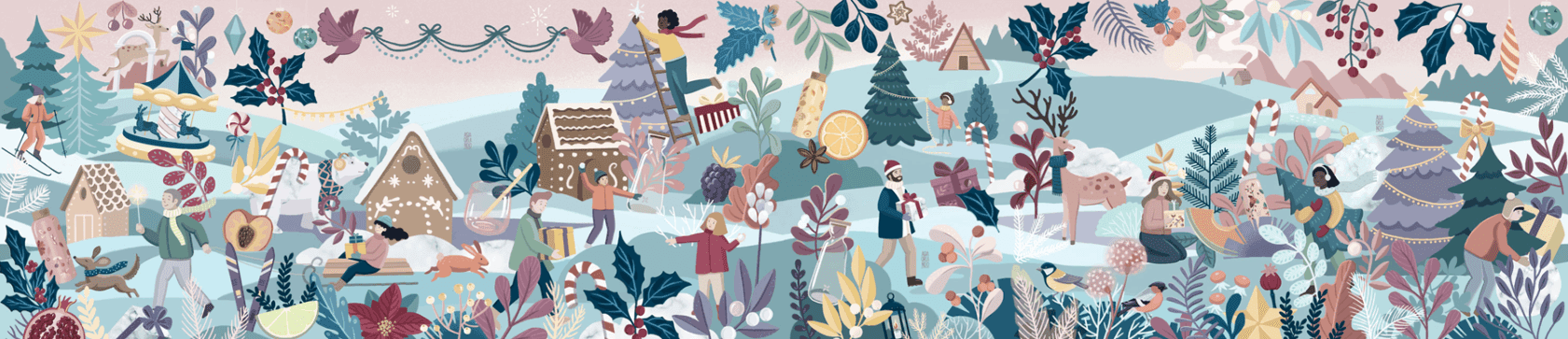 Eine festliche Winterszene mit Menschen bei weihnachtlichen Aktivitäten wie Dekorieren, Spielen und Geschenkeverteilen zwischen schneebedeckten Bäumen, Lebkuchenhäusern, Ornamenten und weihnachtlicher Dekoration.